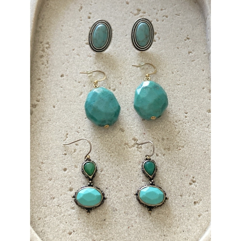 Teal Blue Earrings Set Of‎ 3 Pair Stud Drop Dangle Boho Southwestern Style Artsy